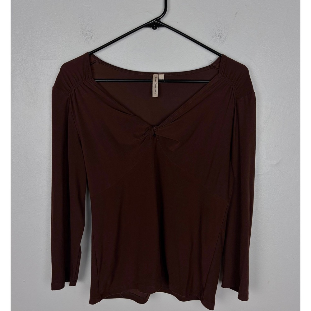 Susan Lawrence Top Brown Twist Front Long Sleeve V-Neck Blouse Large‎